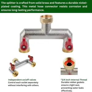 Brass 2-Way Garden Hose Tap Splitter with PTFE Tape  Durable three-quarts" Outdoor Tap Connector with Individual Valves