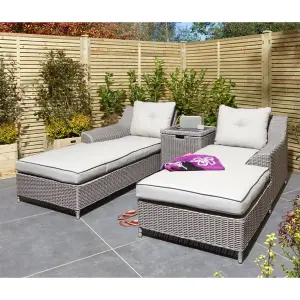 2 Seater Natural Stone Rattan Weave Garden Sun Lounger Set