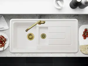 Alto White Ceramic Kitchen Sink 1.5 Bowl & Drainer With Brass Waste - Reversible - ALT1020 + Brass Waste