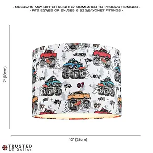 Modern and Colourful Monster Trucks Kids Cotton Fabric Drum Lamp Shade - 25cm