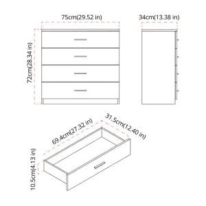 URBNLIVING Height 73cm 4 Drawer Wooden Bedroom Chest Cabinet Modern Ash Grey Carcass and Ash Grey Drawers Wide Storage Cupboard Cl