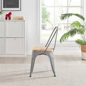 Furniturebox Set of 2 Grey Colton Tolix Style Stackable Industrial Metal Dining Chair With Pine Seat