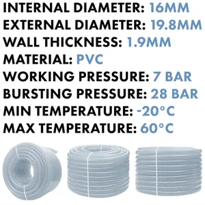 Clear PVC Braided Hose,Food Grade-Oil-Water-Fuel Reinforced Pipe,Tube 16mm internal ,19.8mm external (3m)