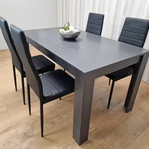 Dining Table and 4 Chairs  Black Dark Grey 4 Black Leather Chairs  Wood Dining Set Furniture