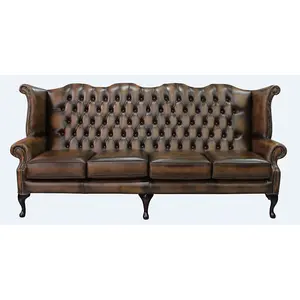 Chesterfield 4 Seater Wing High Back Antique Tan Leather Sofa In Queen Anne Style