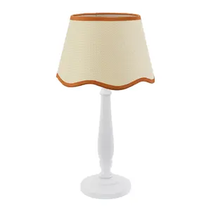 ValueLights Victoria White Wood Candlestick Table Lamp with Linen Scallop Rust Trim Tapered Shade