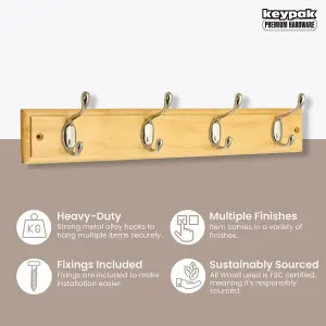 keypak 4-Hook Wall-Mounted Coat Rack, 45cm - Pine Wood Effect Board, Polished Chrome Coat Hooks - Fixings Included