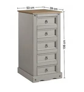 Mercers Furniture Corona Grey Wax 5 Drawer Narrow Chest Solid Pine with Mexican Styling