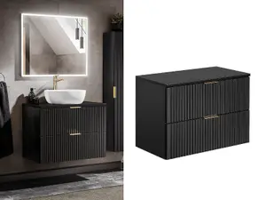 Bathroom Vanity Unit Black 800mm Countertop Ribbed Wall Hung Drawer Cabinet Adel