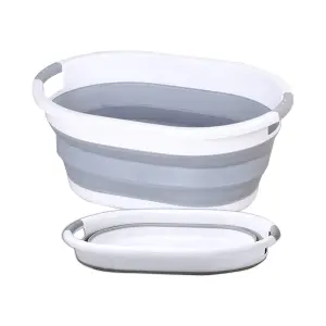 24L Oval Shape Foldable Plastic Laundry Basket, Grey