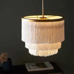 Matt Gold Ceiling Pendant Light Fitting - White Tassels - Diffused Light Effect