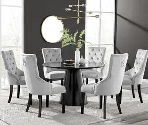 Furniturebox UK Palma Black Semi-Gloss Round Pedestal Dining Table & 6 Grey Velvet Belgravia Black Leg Chairs