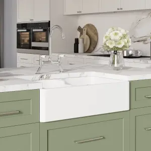 Fireclay Kitchen Bundle - Double Bowl Stepped Weir Butler Sink, Wastes & Bridge Lever Tap, 795mm - Chrome - Balterley