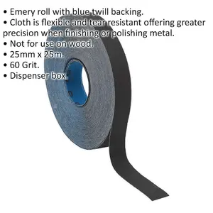 Premium Blue Twill Emery Roll - 25mm x 25m - Flexible, Tear Resistant, 60 Grit for Precision Polishing