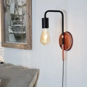 ValueLights Holden Industrial Copper and Black Pipework Plug in Swing Arm Wall Light