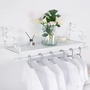 Wall Mounted Clothes Rail Garment Clothing Hanging Rack with Display Storage Shelf White 700 mm