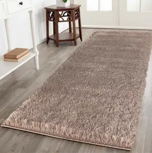 Modern Soft Plain Shimmer Shaggy Area Rugs Bronze 60x220 cm