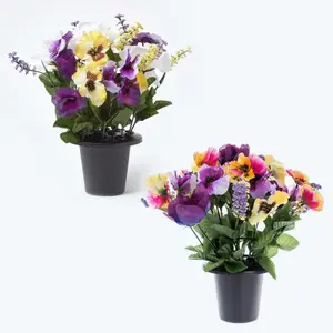 Homescapes Set of 2 Purple & Yellow Pansy & Roses Artificial Flowers in Grave Vases