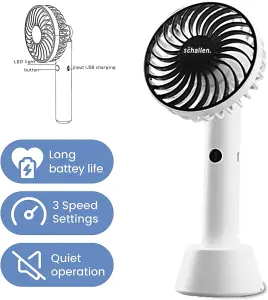 Schallen Mini Portable Travel Hand Held Fan Battery Powered USB Rechargeable Lightweight Handheld Electric Charging Fan- White