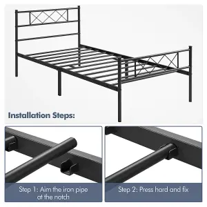 Yaheetech Black 3ft Single Simple Metal Bed Frame with Cross-design Headboard & Footboard