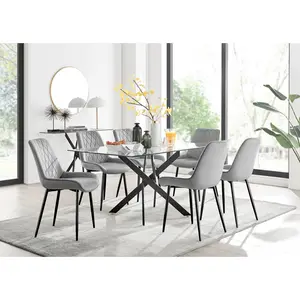 Lenworth Glass Rectangular Dining Table Set with 6 Luxury Velvet Chairs Black / Grey/Black