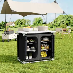 Black Folding Portable Outdoor Camping Kitchen Table Cabinet Storage BBQ Cook Station 100cm W