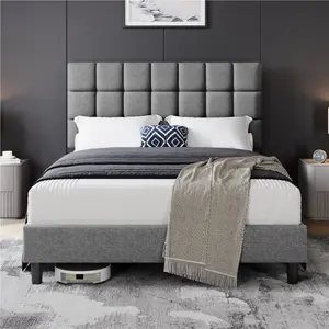 Size Modern Upholstered Bed Frame with Square Tufted Headboard Light Grey / Kingsize (5')