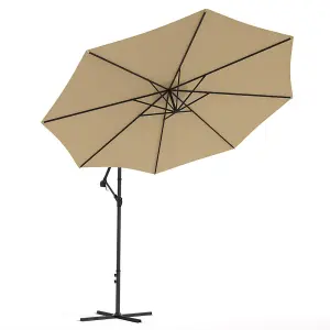 3M Large Rotatable Garden Sun Shade Cantilever Parasol Patio Hanging Banana Umbrella Crank Tilt with Cross Base, Khaki