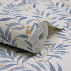 Grandeco Sage Trail Foliage and Flowers Textured Wallpaper, China Blue