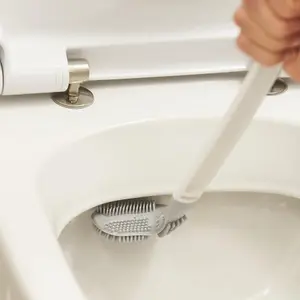 Reach Everywhere Silicone Toilet Brush with Holder - Grey & White Flexible Bristle Anti-Scratch Right-Angled Loo Cleaning Tool