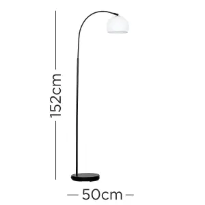 ValueLights Style Black Curved Stem Floor Lamp With Gloss White Arco Style Metal Dome Light Shade With LED GLS Bulb in Warm White