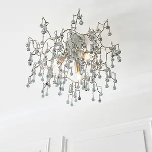 Aged Silver Semi Flush Decorative Branch Ceiling Light - Tinted Glass Droplets