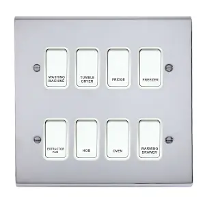 Polished Chrome Customised Kitchen Grid Switch Panel with White Switches - 8 Gang