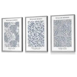 Set of 3 Framed Blue William Morris Vintage Floral / 30x42cm (A3) / Light Grey