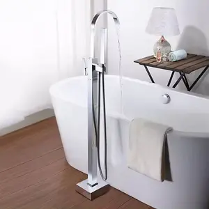 Square Curve Freestanding Silver Chrome Plated Bath Tap With Shower