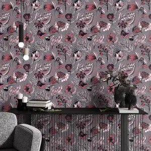 Galerie Pepper Felice Pink Flocked Wild Flower Matte Wallpaper