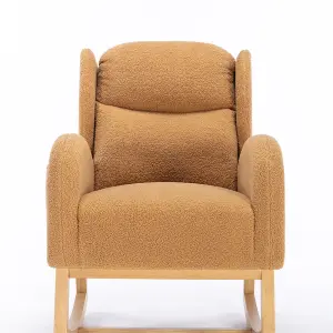 Modern Teddy Fabric Upholstered Rocking Chair Wingback Padded Seat For Living Room Bedroom, Khaki