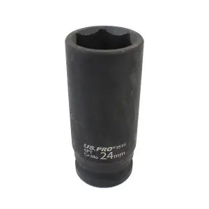 US PRO 24mm 1/2 dr 6 Point Deep Impact Socket 78mm Long 3516