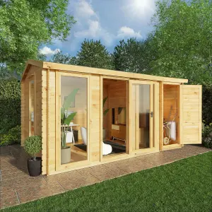 Waltons 4.6m x 3m Wooden Log Cabin Garden Room with Side Shed Pent Roof Summerhouse