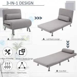 HOMCOM Single Folding 5 Position Convertible Sleeper Chair Sofa Bed Grey Silver