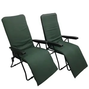 Set of 2 Padded Outdoor Garden Patio Recliner or Sun Lounger in Plain Green