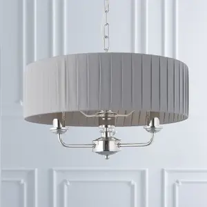 Ceiling Pendant Light - Bright Nickel & Charcoal Fabric - 3 x 40W E14 - e10234