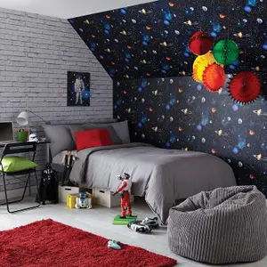 Arthouse Kids Cosmos Space Planets & Stars Charcoal Wallpaper Gaming Room - 668100