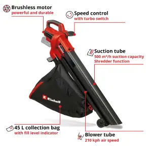 Einhell Cordless Leaf Blower Vacuum Vac 18V With Integrated Shredder Power X-Change Brushless VENTURRO 18/210 - Body Only