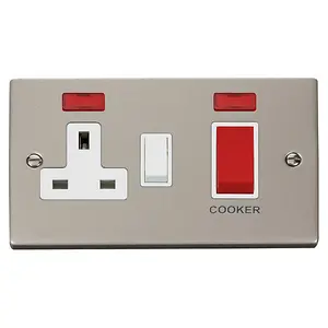 Pearl Nickel Cooker Control 45A With 13A Switched Plug Socket & 2 Neons - White Trim - SE Home