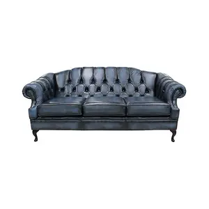 Chesterfield 3 Seater Antique Blue Leather Sofa Settee Custom Made In Victoria Style