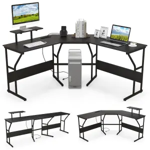 COSTWAY L-shaped Desk Long 2-Person Corner Computer Desk w/ Monitor Stand