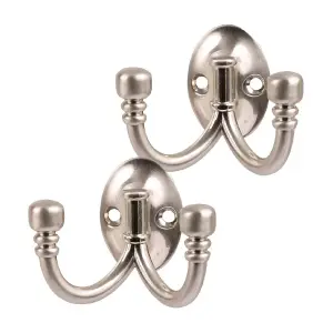 2 x Double Coat Hooks Satin Nickel Metal Ball End, Door Robe & Dress Hangers