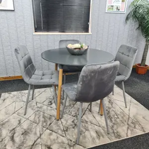 Dining Table Set Of 4 Round Grey Dining Table And 4 Grey Velvet Tufted Chairs For Kitchen Room Dining Room