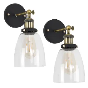 ValueLights Ambrose Pair of Ambrose Antique Brass and Black Metal Adjustable Knuckle Joint Wall Light Fittings